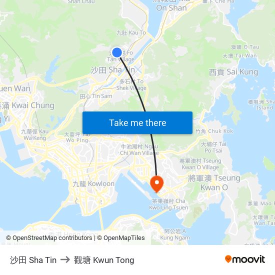 沙田 Sha Tin to 觀塘 Kwun Tong map