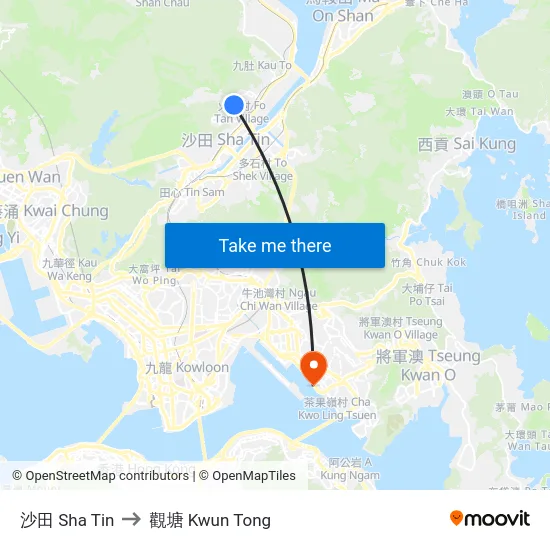 沙田 Sha Tin to 觀塘 Kwun Tong map
