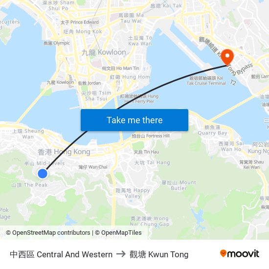 中西區 Central And Western to 觀塘 Kwun Tong map