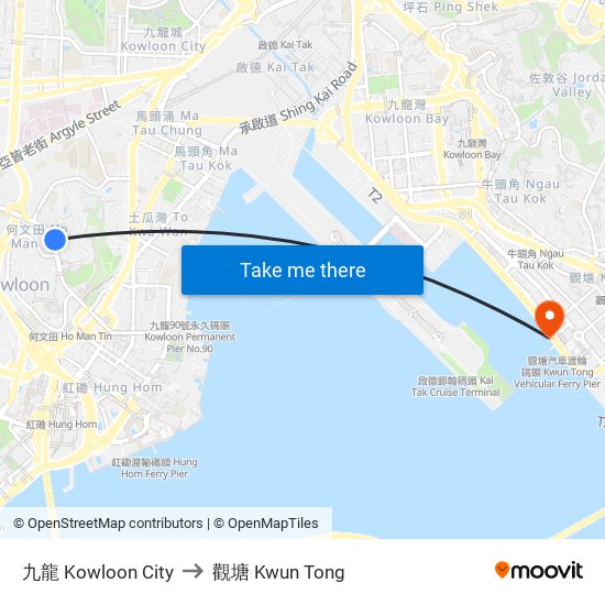 九龍 Kowloon City to 觀塘 Kwun Tong map