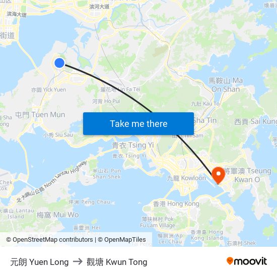 元朗 Yuen Long to 觀塘 Kwun Tong map