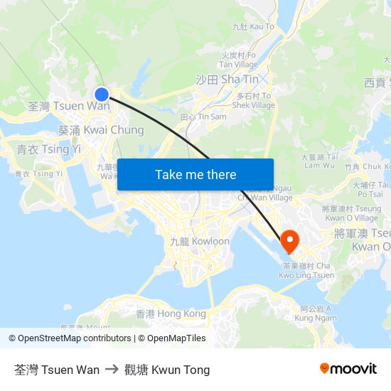 荃灣 Tsuen Wan to 觀塘 Kwun Tong map