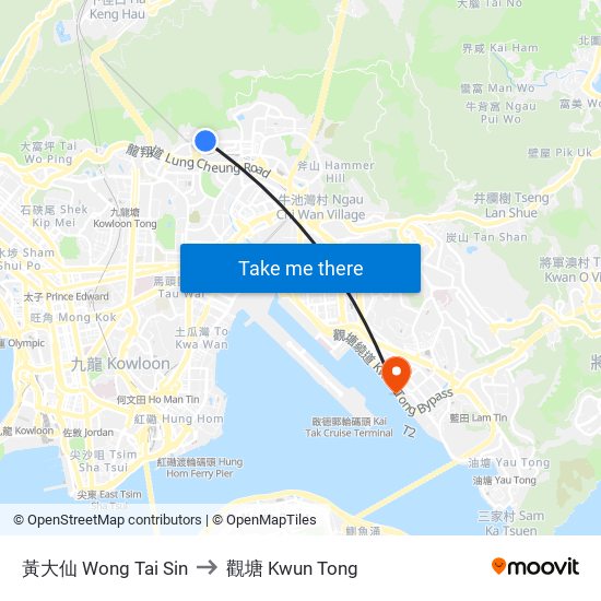黃大仙 Wong Tai Sin to 觀塘 Kwun Tong map