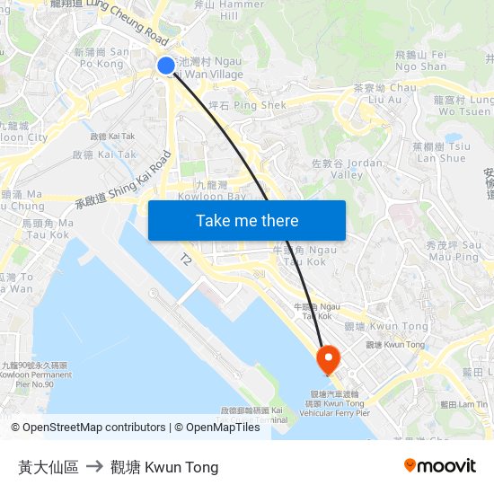 黃大仙區 to 觀塘 Kwun Tong map