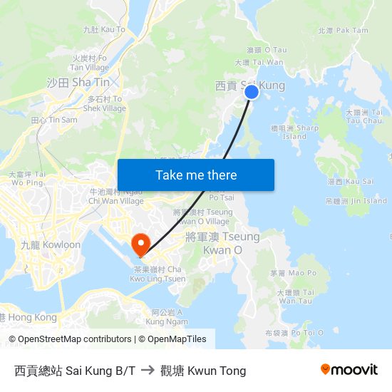西貢總站 Sai Kung B/T to 觀塘 Kwun Tong map