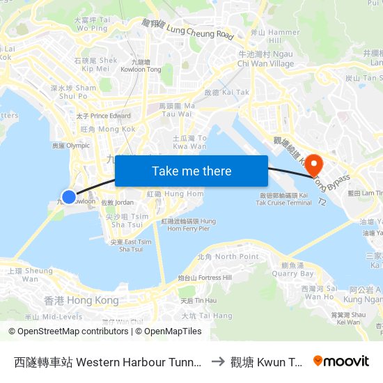 西隧轉車站 Western Harbour Tunnel Bbi to 觀塘 Kwun Tong map