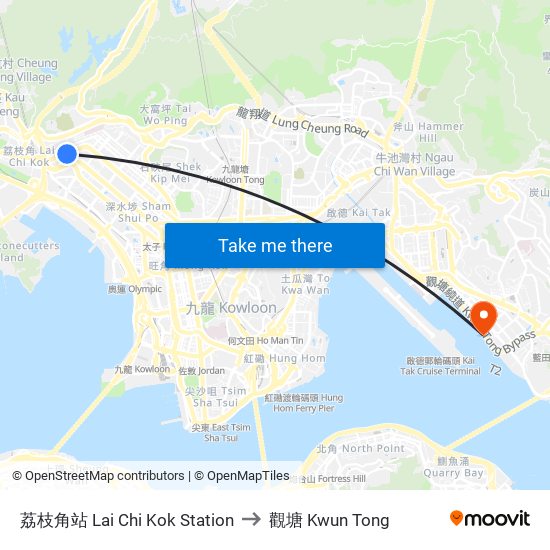 荔枝角站 Lai Chi Kok Station to 觀塘 Kwun Tong map