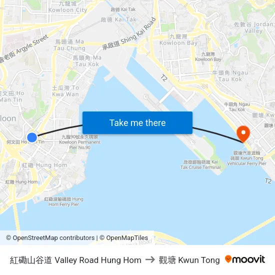 紅磡山谷道 Valley Road Hung Hom to 觀塘 Kwun Tong map