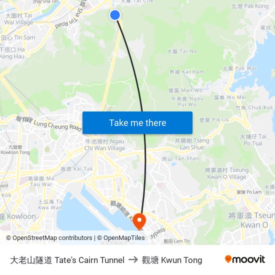 大老山隧道 Tate's Cairn Tunnel to 觀塘 Kwun Tong map