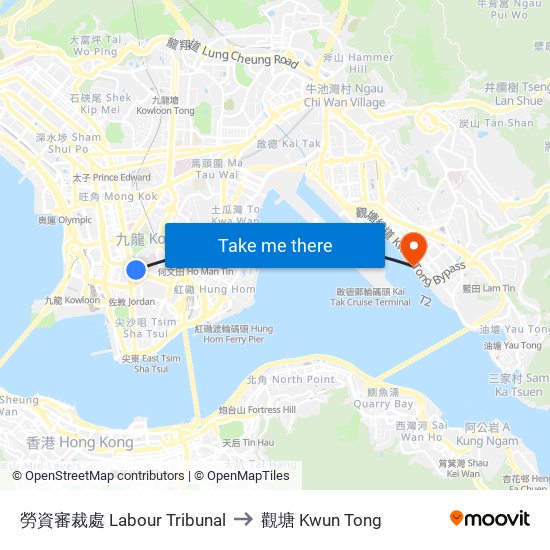 勞資審裁處 Labour Tribunal to 觀塘 Kwun Tong map