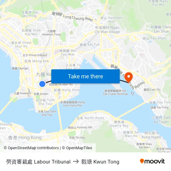 勞資審裁處 Labour Tribunal to 觀塘 Kwun Tong map