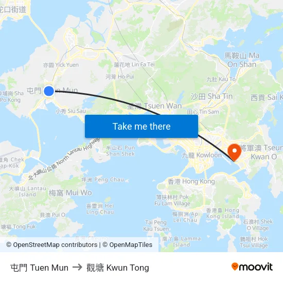 屯門 Tuen Mun to 觀塘 Kwun Tong map