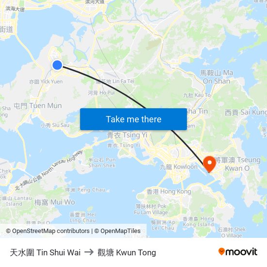 天水圍 Tin Shui Wai to 觀塘 Kwun Tong map