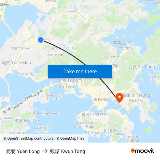 元朗 Yuen Long to 觀塘 Kwun Tong map