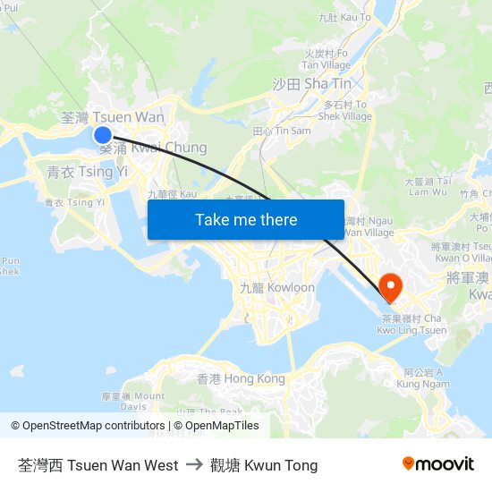 荃灣西 Tsuen Wan West to 觀塘 Kwun Tong map