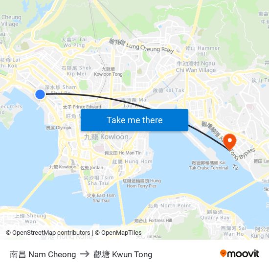 南昌 Nam Cheong to 觀塘 Kwun Tong map