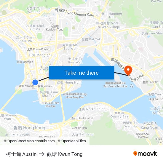 柯士甸 Austin to 觀塘 Kwun Tong map