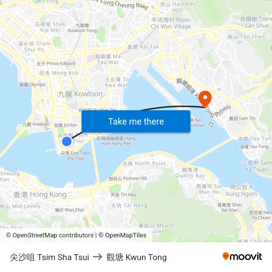 尖沙咀 Tsim Sha Tsui to 觀塘 Kwun Tong map