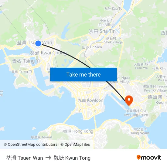 荃灣 Tsuen Wan to 觀塘 Kwun Tong map