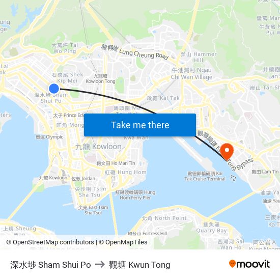 深水埗 Sham Shui Po to 觀塘 Kwun Tong map