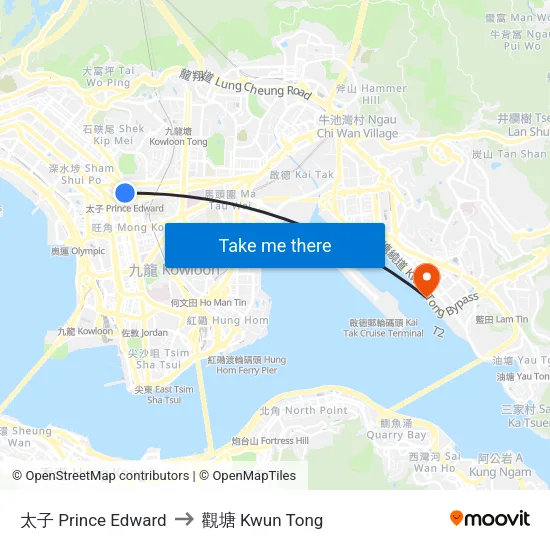 太子 Prince Edward to 觀塘 Kwun Tong map