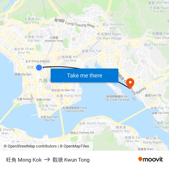 旺角 Mong Kok to 觀塘 Kwun Tong map