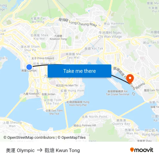 奧運 Olympic to 觀塘 Kwun Tong map