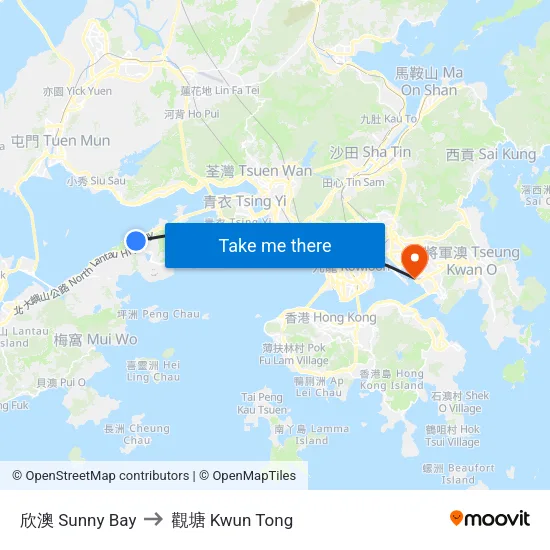 欣澳 Sunny Bay to 觀塘 Kwun Tong map