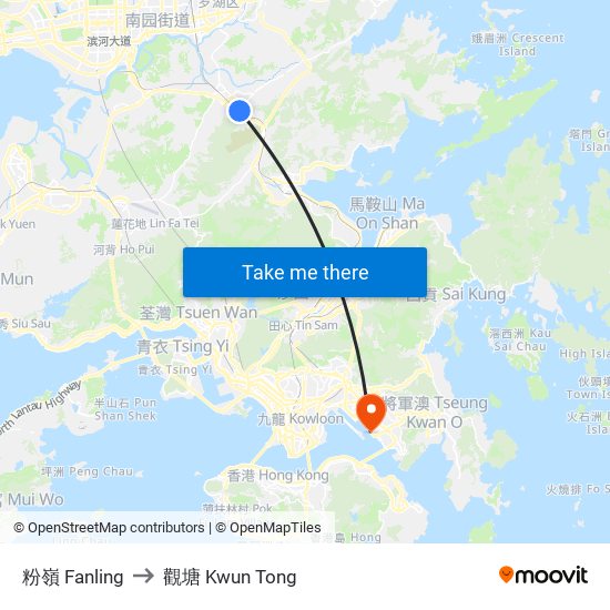 粉嶺 Fanling to 觀塘 Kwun Tong map
