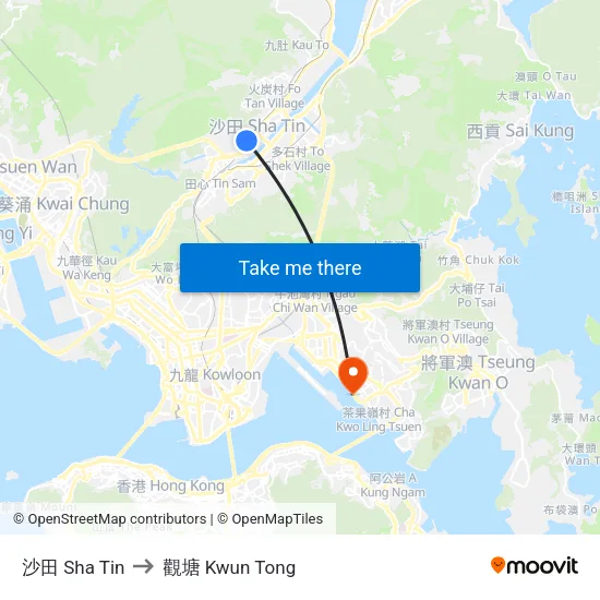 沙田 Sha Tin to 觀塘 Kwun Tong map