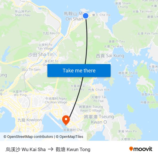 烏溪沙 Wu Kai Sha to 觀塘 Kwun Tong map