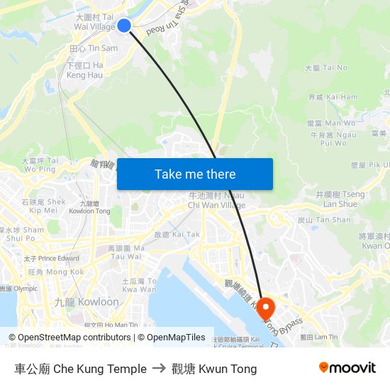 車公廟 Che Kung Temple to 觀塘 Kwun Tong map