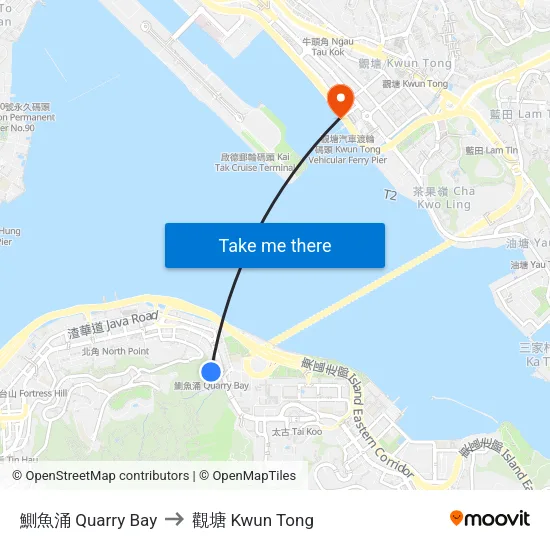 鰂魚涌 Quarry Bay to 觀塘 Kwun Tong map