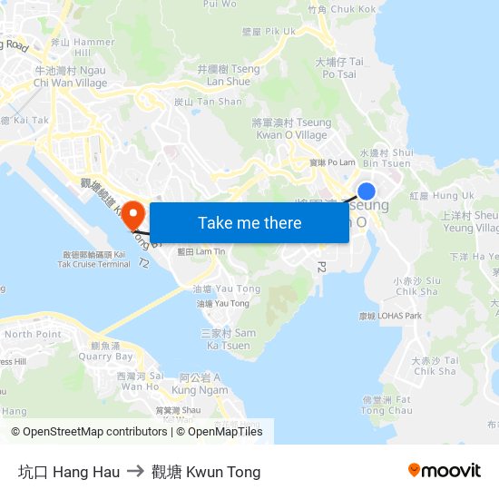 坑口 Hang Hau to 觀塘 Kwun Tong map