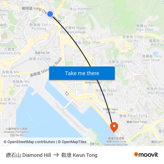 鑽石山 Diamond Hill to 觀塘 Kwun Tong map