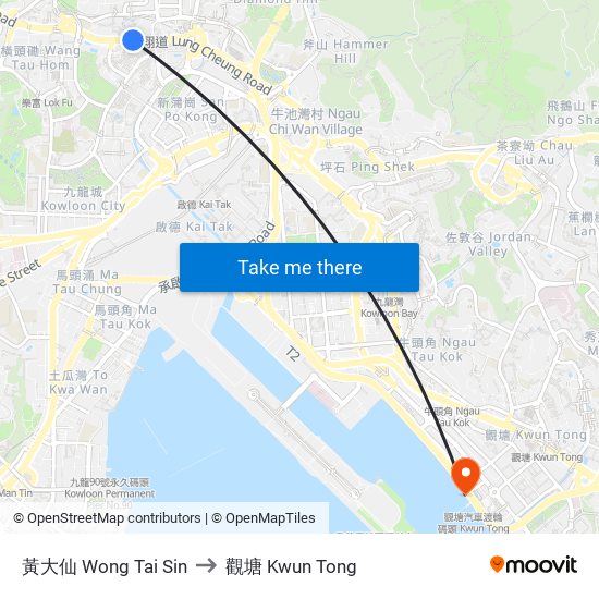 黃大仙 Wong Tai Sin to 觀塘 Kwun Tong map