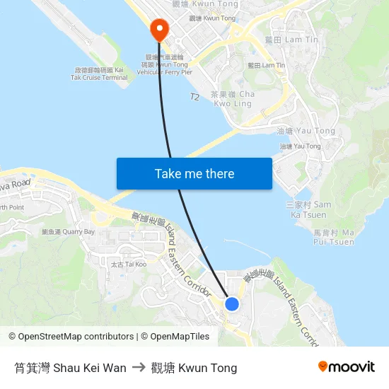 筲箕灣 Shau Kei Wan to 觀塘 Kwun Tong map