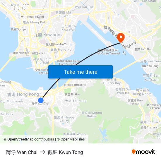 灣仔 Wan Chai to 觀塘 Kwun Tong map