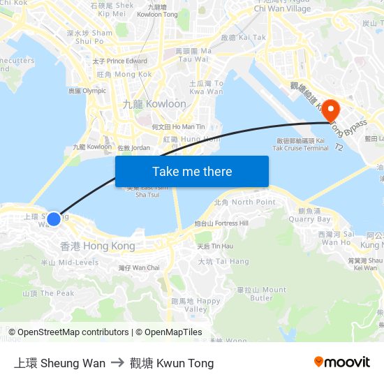 上環 Sheung Wan to 觀塘 Kwun Tong map