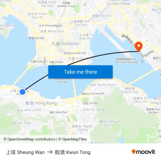 上環 Sheung Wan to 觀塘 Kwun Tong map