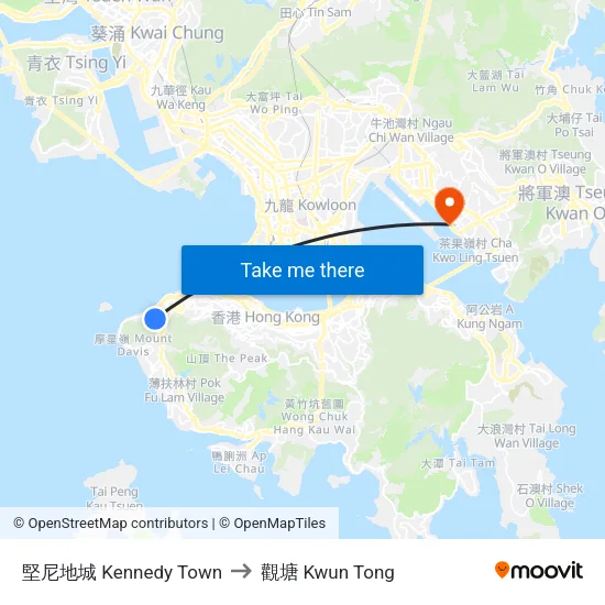 堅尼地城 Kennedy Town to 觀塘 Kwun Tong map