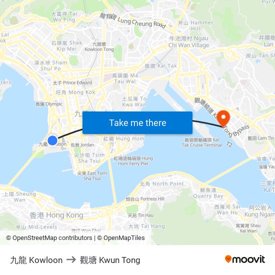 九龍 Kowloon to 觀塘 Kwun Tong map