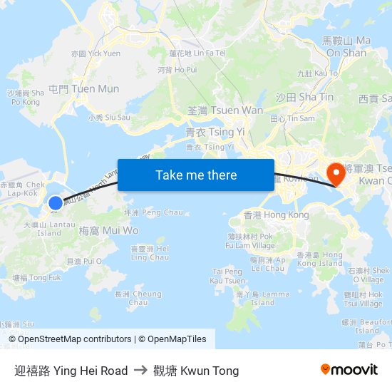迎禧路 Ying Hei Road to 觀塘 Kwun Tong map