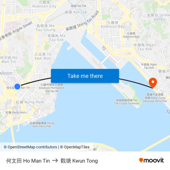 何文田 Ho Man Tin to 觀塘 Kwun Tong map