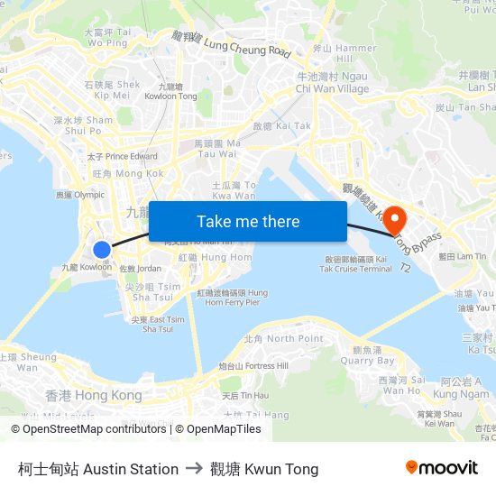 柯士甸站 Austin Station to 觀塘 Kwun Tong map