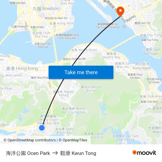 海洋公園 Ocen Park to 觀塘 Kwun Tong map
