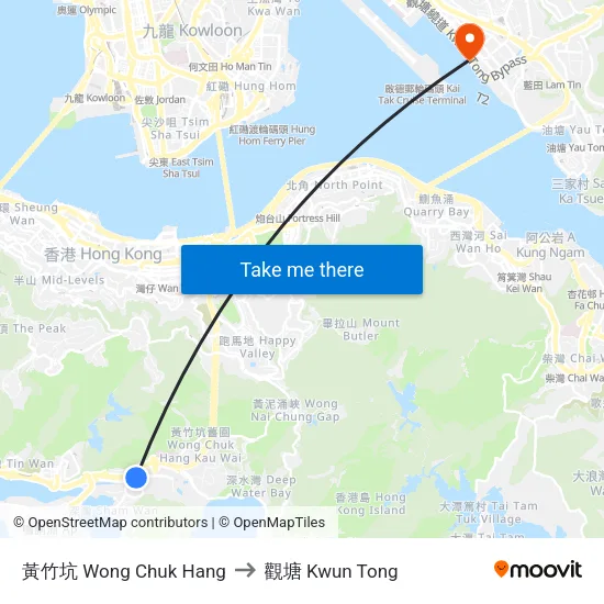 黃竹坑 Wong Chuk Hang to 觀塘 Kwun Tong map
