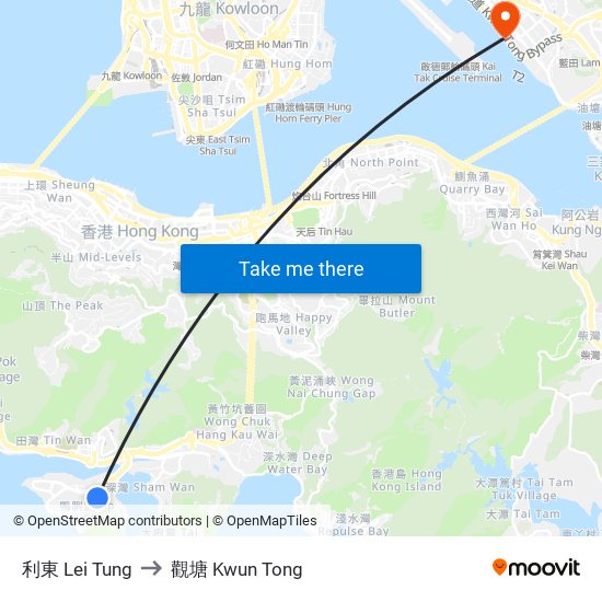 利東 Lei Tung to 觀塘 Kwun Tong map