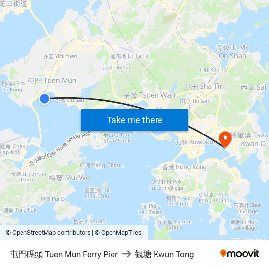 屯門碼頭 Tuen Mun Ferry Pier to 觀塘 Kwun Tong map