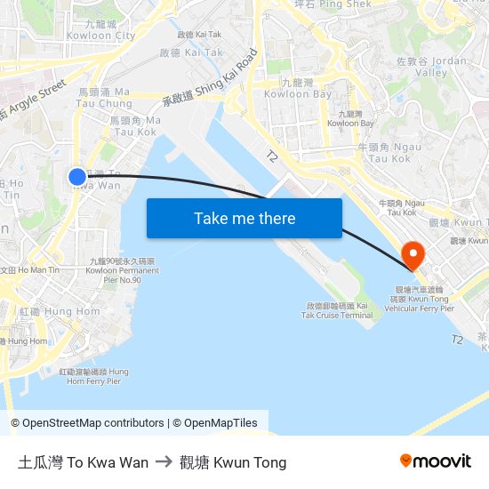 土瓜灣 To Kwa Wan to 觀塘 Kwun Tong map